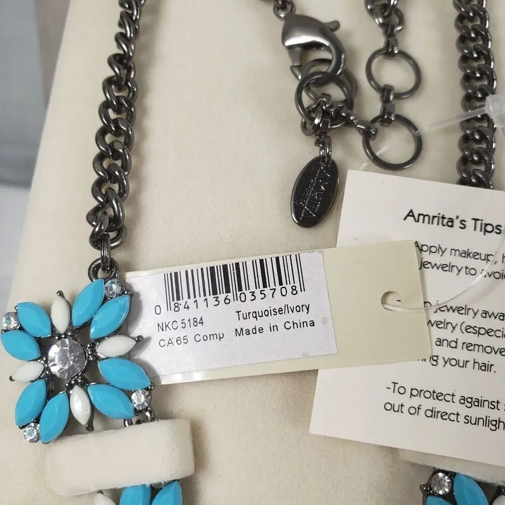 Amrita Singh Women Turquoise Ivory Rhinestone Necklace Southwestern Chunky